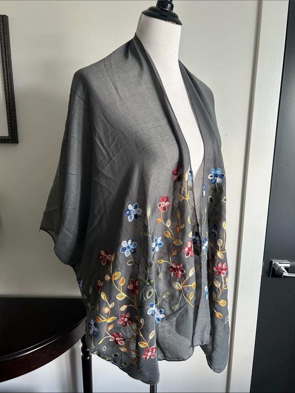 New Floral Embroidered Gray blue yellow orange Kimono scarf shawl